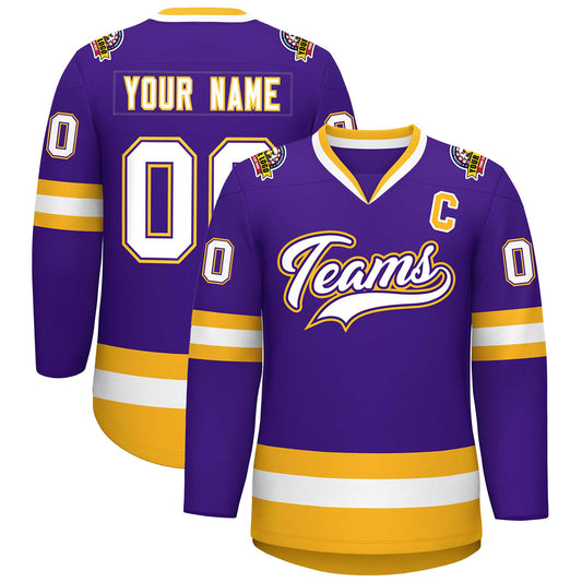 Custom Purple White Purple-Gold Classic Style Hockey Jersey